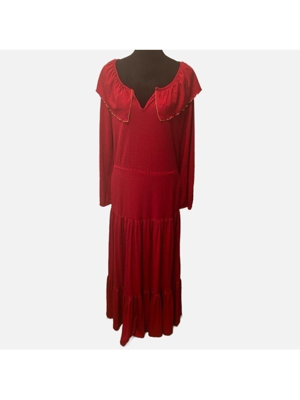 VTG Christian Dior Loungewear Maxi Dress Small Ruffled Collar Tiered Red Boho